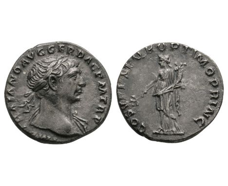 108 AD. Rome mint. Obv: IMP TRAIANO AVG GER DAC P M TR P legend with laureate bust right. Rev: COS V P P S P Q R OPTIMO PRINC