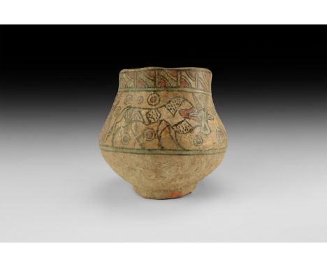 4th-3rd millennium BC. A biconvex ceramic pot with broad neck, band of painted geometric panels to the neck, shoulder with ge
