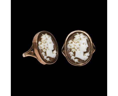 18th century AD. A gold finger ring with bifurcated shoulders, inset cameo female bust with flowers; hoop stamped '9ct' to th