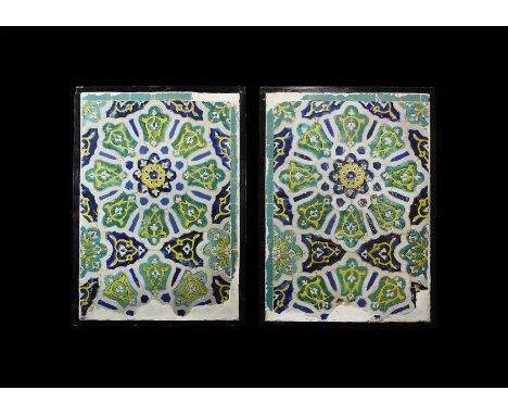 16th-17th century AD. A matched pair of ceramic tile panels, each an arrangement of rosettes, buds, leafs and other motifs in