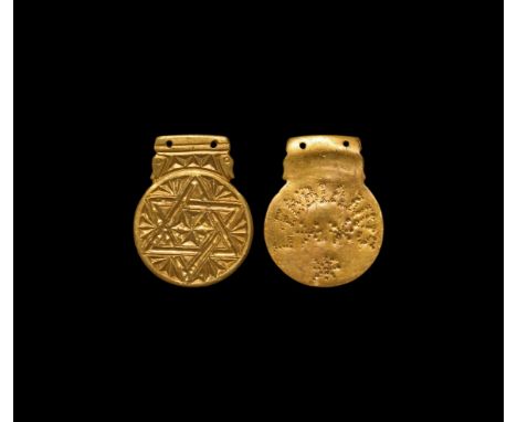 2nd-3rd century AD. A gold belt or baldric finial with rectangular panel split transversely to the upper face, chip-carved pa