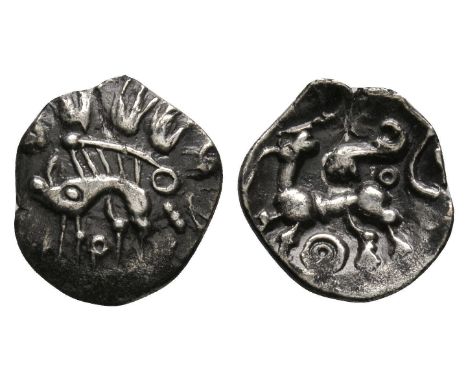 50-30 BC. Obv: boar left with upturned snout, with four lyres above. Rev: stag left, looking back over shoulder, 'wing' motif