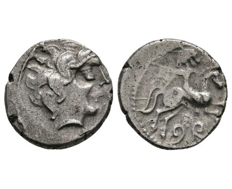 120-100 BC. Obv: Aquitanic head right with leaf-like hair. Rev: horseman right with oval shield, scrolled flower below. LT 44