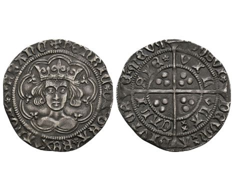 1430-1431 AD. First reign. Obv: facing bust with tressure with +HENRIC[rosette]DI GRA[rosette]REX[mascle]ANGL[rosette]Z[roset