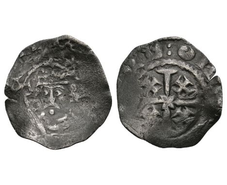 1158-1180 AD. Class C. Obv: facing bust with sceptre and illegible legend. Rev: small cross and crosslets with [RICA]RD:ON[:C