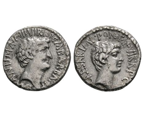 40-39 BC. Rome mint. Obv: M ANTON IMP III VIR R P C AVG legend with bare head of Mark Antony right. Rev: CAESAR IMP PONT III 