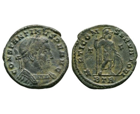 316 AD. Trier mint. Obv. CONSTANTINVS PF AVG legend with laureate and cuirassed bust right. Rev: MARTI CON-SERVATORI legend w