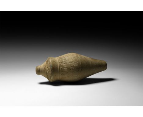 9th-11th century AD. A piriform hollow ceramic vessel with conical body, intended to be filled with explosive liquid and a wi