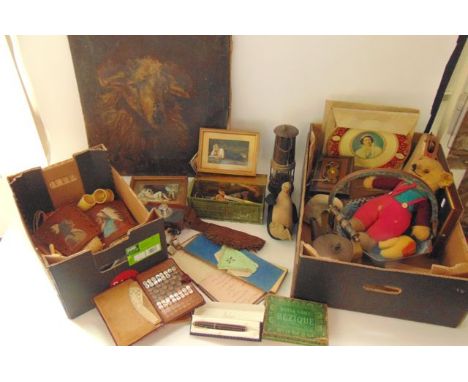 A miscellaneous collection (2 boxes) to include a miner's lamp, framed prints, a Victorian cash box, a Chinese cloisonné enam