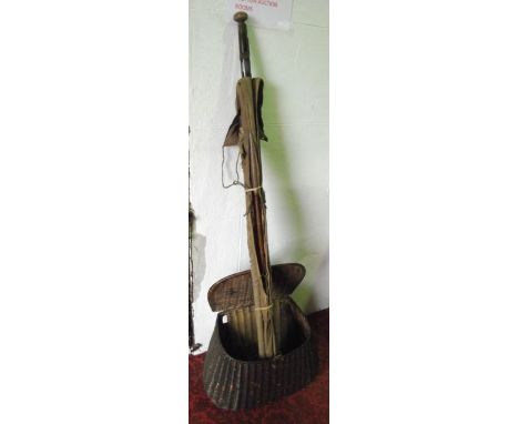 Fishing related items to include a two sectional timber split cane fishing rod stamped S Veals & Son, Bristol, also stamped E