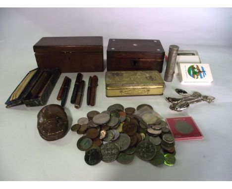 A small miscellaneous collection to include a small 19th century rosewood veneered box with mother of pearl inlaid detail, a 