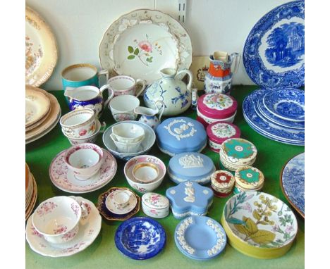 A collection of decorative ceramics including 19th century trinket boxes and covers of circular form with various painted and