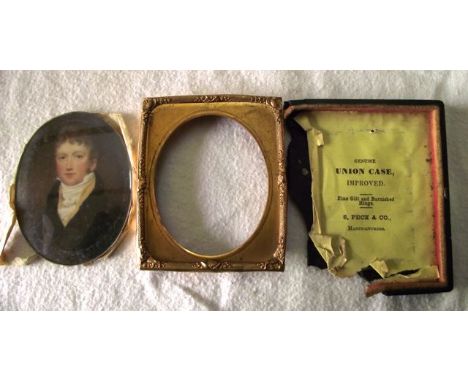An early 19th century chest length miniature portrait of oval form attributed to Samuel John Stump of a gentleman in Regency 