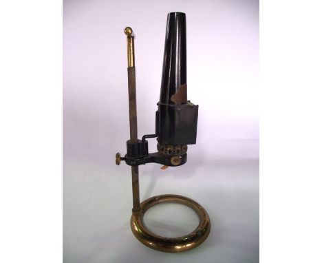 A 19th century microscope lamp fitted with a red filter by W Watson & Sons Limited, London, the copper housing with blackened