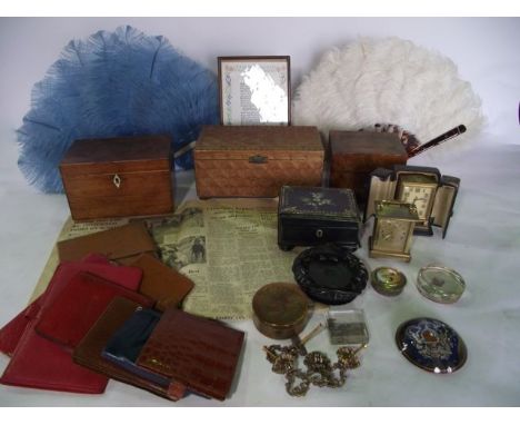 A miscellaneous collection to include a small 19th century walnut veneered caddy later modified for use in sewing, a burr tim