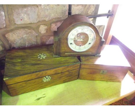 A 19th century walnut veneered writing case with mother of pearl inlaid detail to lock escutcheon and cartouche, the hinged l
