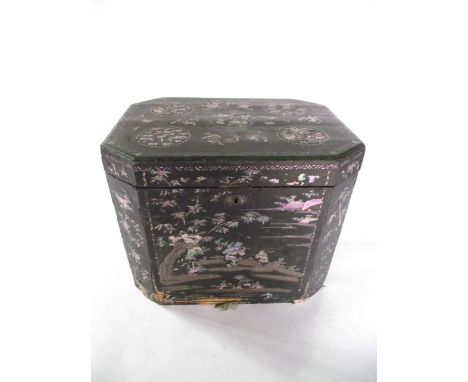A substantial black  lacquered timber framed case with hinged lid and canted corners, the exterior with extensive mother of p