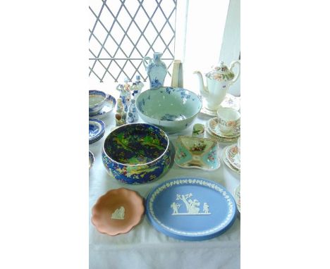 A collection of 19th century and other ceramics including an early 19th century Delft type tin glazed earthenware punch bowl 