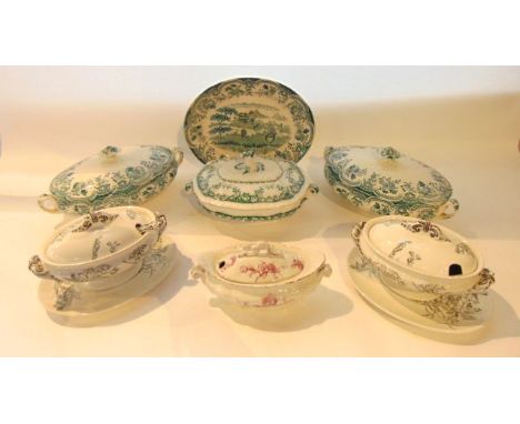 A collection of late 19th and early 20th century dinner wares including a pair of George Jones & Sons Anemone pattern sauce t