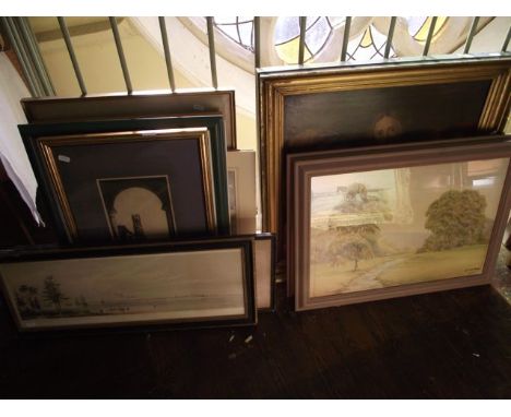 A collection of pictures and prints including a pair of watercolours of country landscapes with streams, signed bottom right 