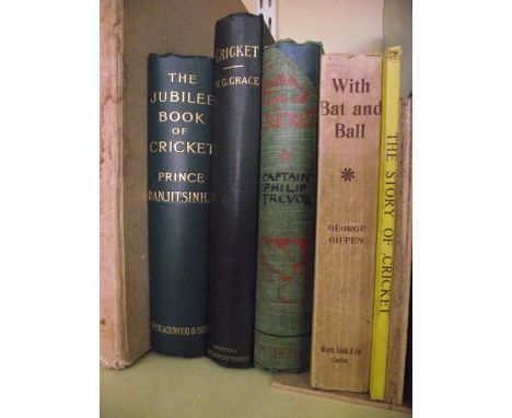 A small collection of books on cricket including The Jubilee Book of Cricket by Prince Ranjitsinhj, Cricket by W G Grace, The