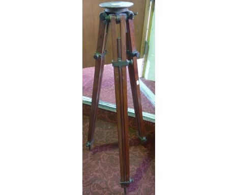 A good quality early 20th century mahogany framed adjustable tripod stand with solid brass table and mounts, stamped No 6, Di