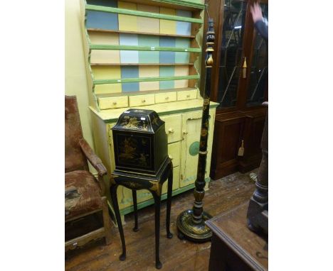 A chinoiserie style cabinet on stand with fall front and rising lid - The Telephone Valet, circa 1920, together with a black 