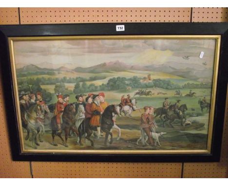 A late 19th century coloured print of a medieval style hawking scene with numerous equestrian figures, sporting dogs, etc, in