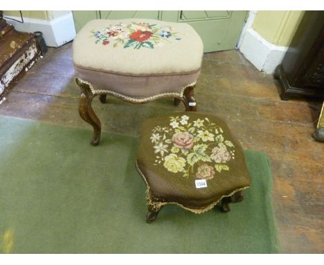 A Victorian mahogany stool with handworked tapestry top raised on cabriole supports and a similar further smaller example
