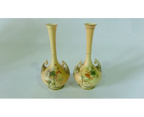 A pair of Royal Worcester blush ivory vases with globular bodies and slender drawn necks with ribbed moulding, each with a pa