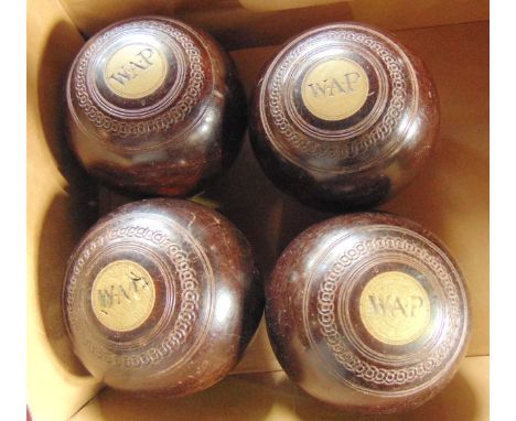 Four good quality vintage timber boules by Jaques & Son, London, five inch in size with incised detail to borders, each initi