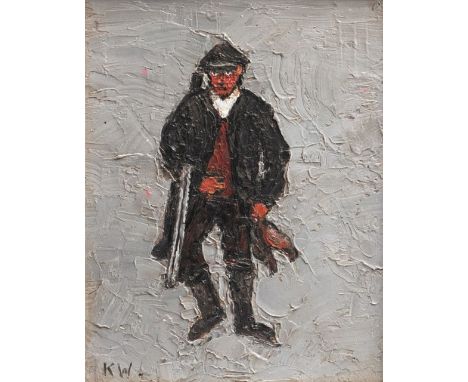 An oil painting on board attributed to Sir Kyffin Williams showing a study of a game keeper wearing a cap, holding a gun and 