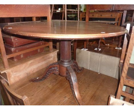 A 19th century mahogany breakfast table, the circular top raised on a central turned and fluted pillar and swept tripod with 