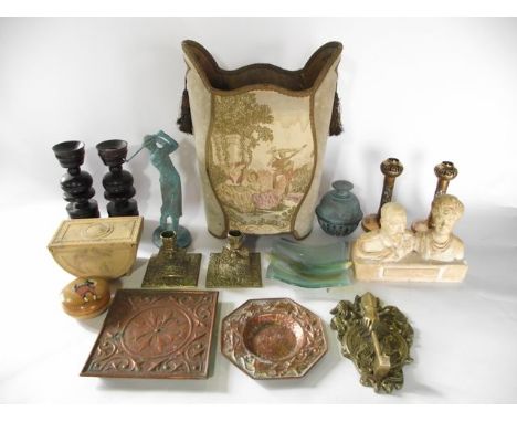 A boxed miscellaneous collection to include an embroidered wastepaper bin with scene depicting a musician wooing two female f