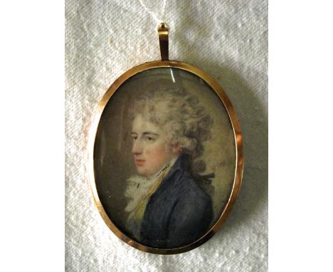 An 18th century portrait miniature of oval form showing a chest length study of a gentleman in blue coat, yellow waistcoat an