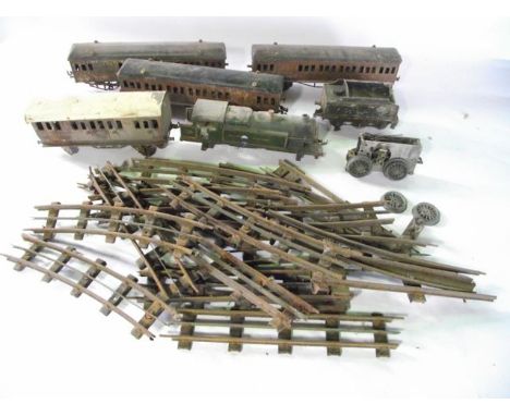 A selection of vintage 0 gauge railway effects to include a Great Western engine (body only), rolling stock, etc together wit