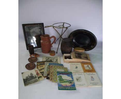 A miscellaneous collection to include an antique glazed stoneware jug with scrolling handle and embossed sequential decoratio