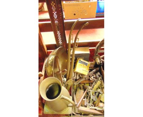A box containing a mixed assortment of 19th century hand tools to include good quality ironwork tongs, a quantity of leather 