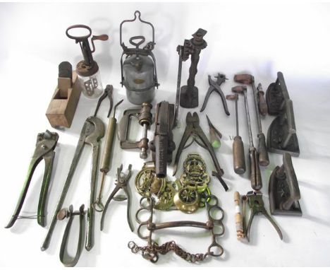 An assortment of good quality antique and later tools to include a heavy pair of steel shearers/cutters stamped A Devices, et