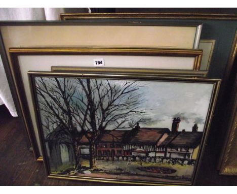 An interesting collection of pictures including a 20th century woodcut type print of a town scene with washer women beneath a