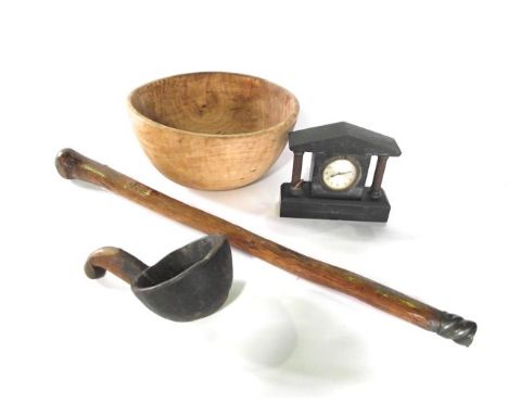 A simple polished timber cudgel with twisted metalwork collar to the foot together with a large hewn timber bowl and a simple