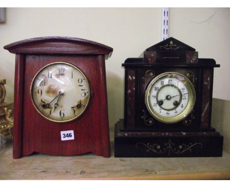 A Victorian black slate and marble mantle clock on a classical theme with 8 day striking movement, further mantle clock in oa