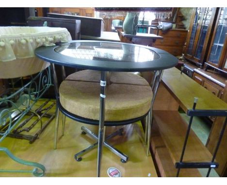 A contemporary smoked glass top table of oval form raised on a central polished steel column and x framed base together with 