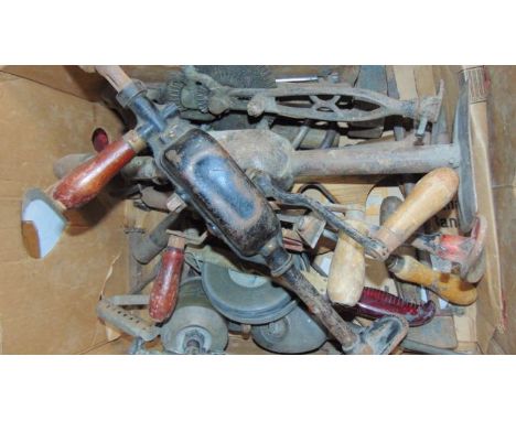 A box containing a quantity of good quality vintage hand tools to include hand operated drills, a brass blow torch marked Mad
