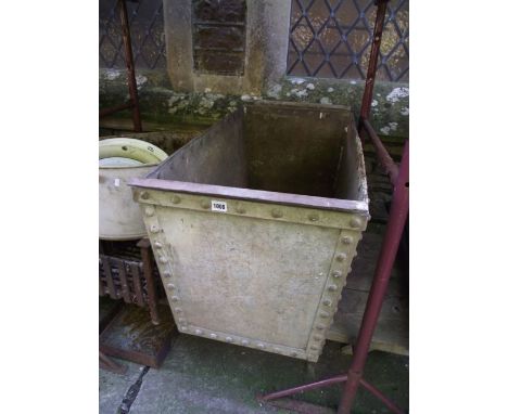 A heavy guage galvanised steel tank/hopper of rectangular tapered form with riveted seams, 100 x 50 cm approx