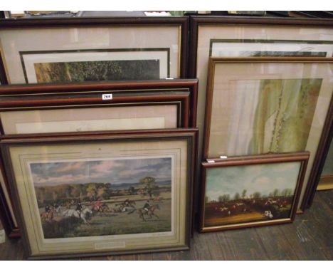 A quantity of pictures and prints relating to hunting and sporting subjects including a pair of coloured prints with oil effe