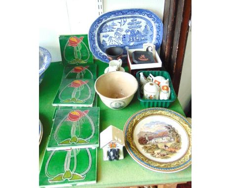 A collection of 19th century and other ceramics including an oval blue and white printed Willow pattern meat plate with print