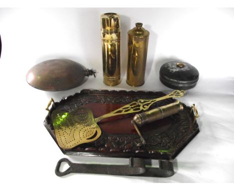A miscellaneous collection to include a mahogany tray with extensive carved detail and brass handles, an extensive two divisi