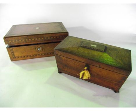 A 19th century rose wood veneered sarcophagus shaped tea caddy with mother of pearl and brass inlaid detail, later foliate li