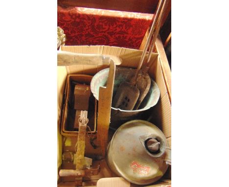 Vintage metal wares to include two ironwork fireside trowels, a lidded fuel canister, an ironwork vermin trap, a boxed Parkin